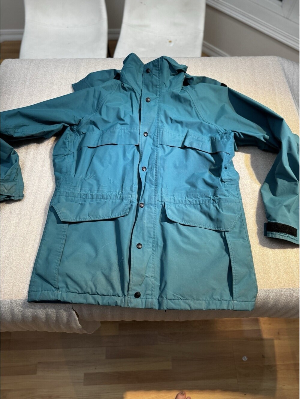Vintage REI Jacket Mens Medium Teal Black Gore-Tex Nylon Hood Rain Shell Hike